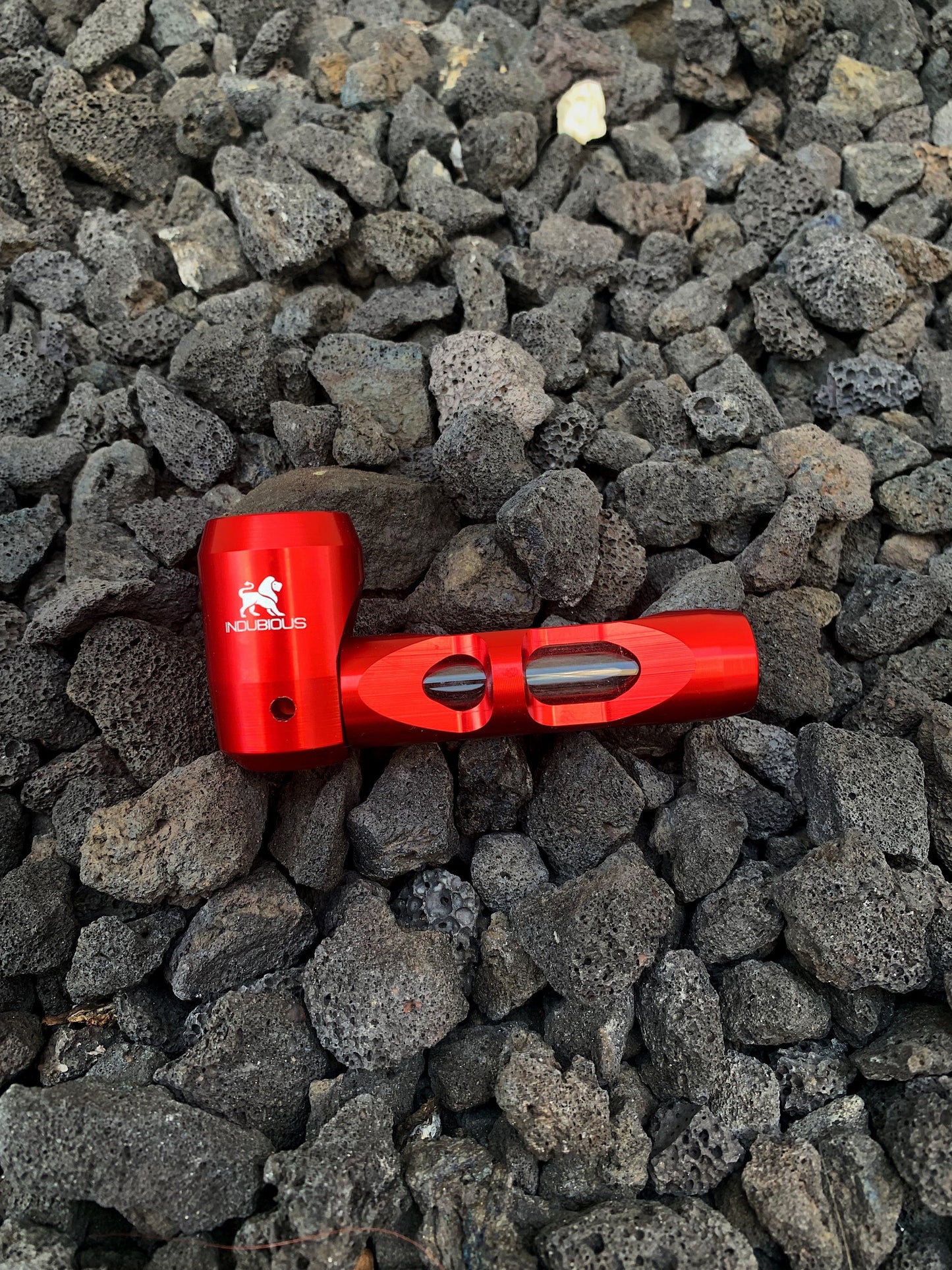 wholesale metal smoking pipe with glass bowl, glass stem, screen and o-rings. Durable hand pipe. Portable pocket pipe. Red pipe. Smoking pipe for him or her. Luxurious hand pipe. Futuristic metal pipe. INDUBIOUS